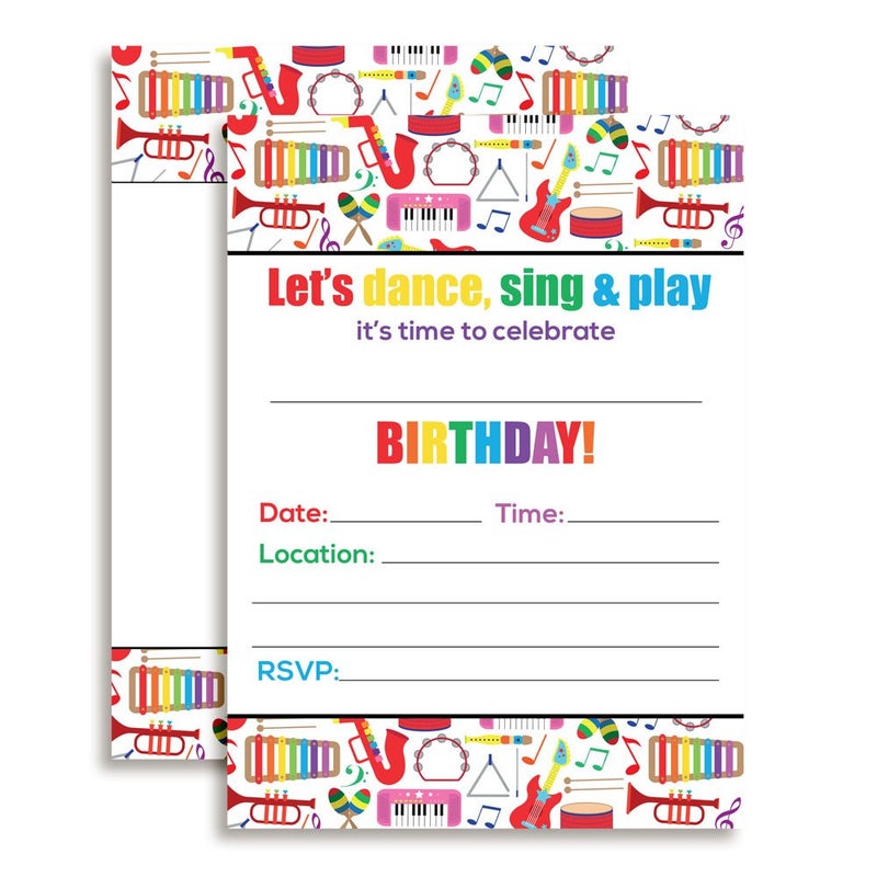 Amanda Creation Dance and Play Musical Themed Birthday Party Invitations, 20 5x7 Fill In Cards with Twenty White Envelopes by AmandaCreation - Image 1